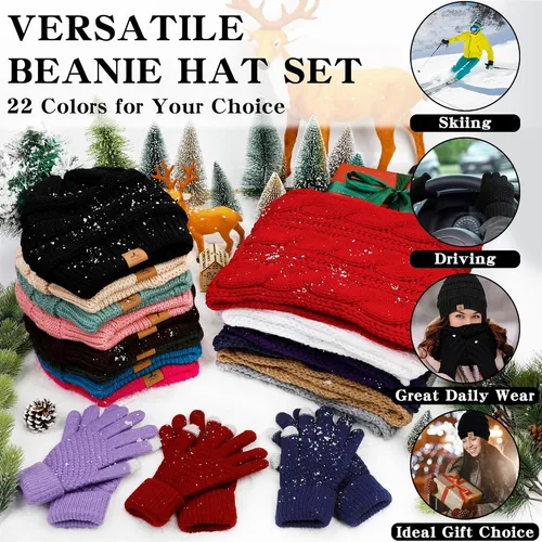 Invierno Gorro Bufanda Guantes, Cálido De Punto De Vell...