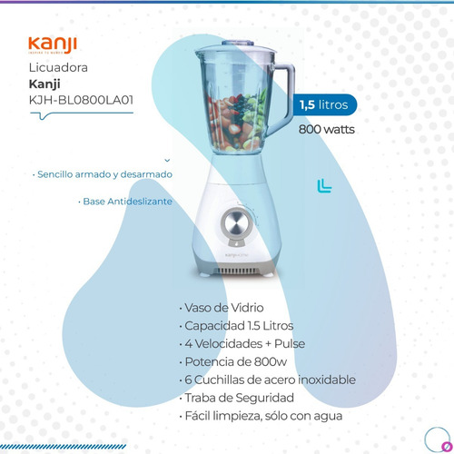 Imagen 2 de 7 de Licuadora Kanji 800w 1.5lts Blanca Kjh-bl0800la01