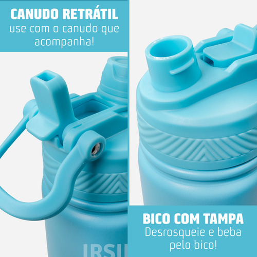 Garrafa Térmica 2 Em 1 800ml Tampa Dupla Com Canudo E Bico Alça Base Emborrachada Antiderrapante Bebida Quente E Fria Aço Inox Cor Azul Claro Irsina