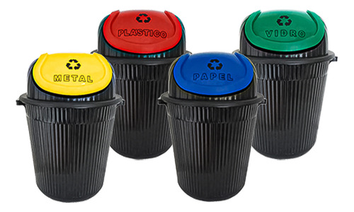 Kit Lixeiras Reciclagem Lixo 86 L Vidro Papel Plástico Metal Cor Preto