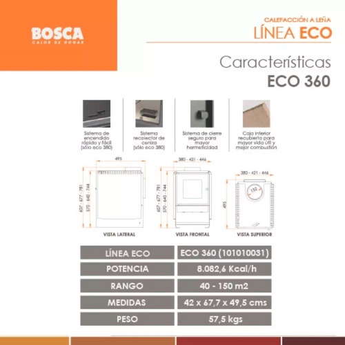 Imagen 5 de 10 de Salamandra Bosca Eco 360 Estufa A Leña 150m2 Envio Cuota