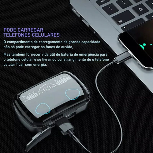 Fone Bluetooth M10 V5.3 Power Bank Tela Led Grave Forte Tws Cinza-escuro