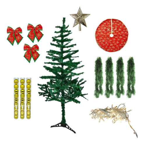 Árvore De Natal Completa Todas Decorações 1,50mts 200 Galhos Cor Dourado