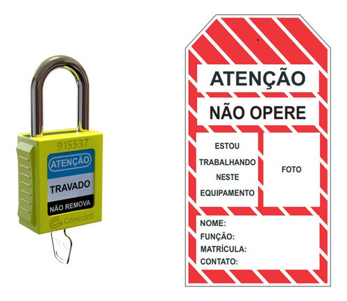 Kit Bloqueio Cadeado Amarelo + Etiqueta Não Opere Tagout