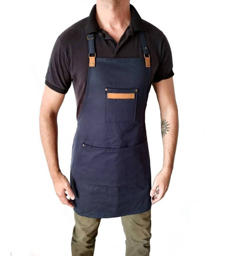Delantal Gabardina Azul Y Cuero Vacuno Genuino Cocina Hogar