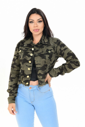 Jaqueta Jeans Feminina Camuflada Militar Gola Padre Lycra 