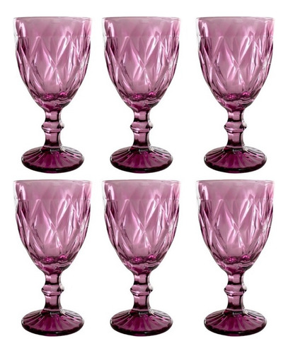 Set Juego 6 Copas Cristal Labrado 330 Ml Colores Vino Agua Color Púrpura