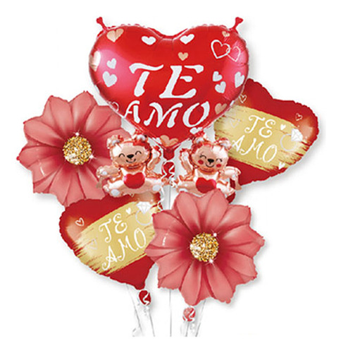 Set 5 Globos Metalizados Te Amo, Corazones,  Flores Y Osos