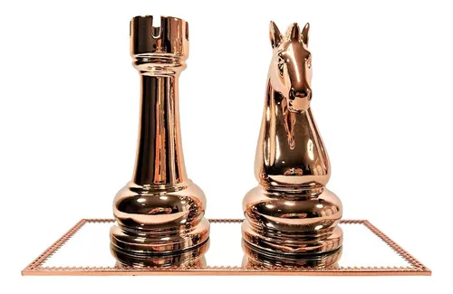 Kit Decoração Cavalo E Torre De Xadrez + Bandeja Rose Gold