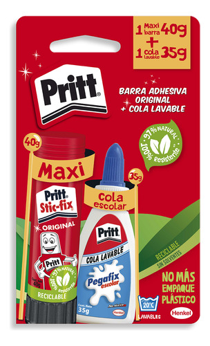 Pack Pegamento Escolar Stick Fix 40g + Cola Fria 35g Pritt