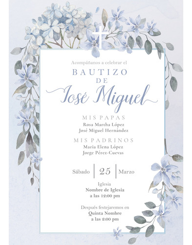 Invitación Interactiva Bautizo Niño Flores Azules Y Tarjeta 