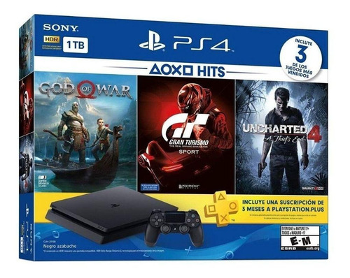 Sony PlayStation 4 Slim 1TB Hits Bundle: God of War/Gran Turismo Sport/Uncharted 4: A Thief's End color  negro azabache