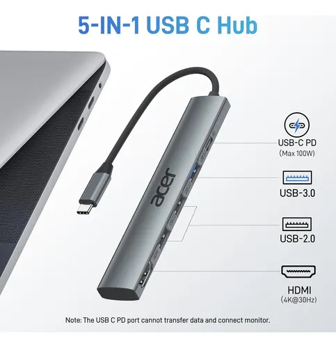 Hub Usb C 5 En 1 De Acer Con Hdmi 4k, 100 W Power Deliver...