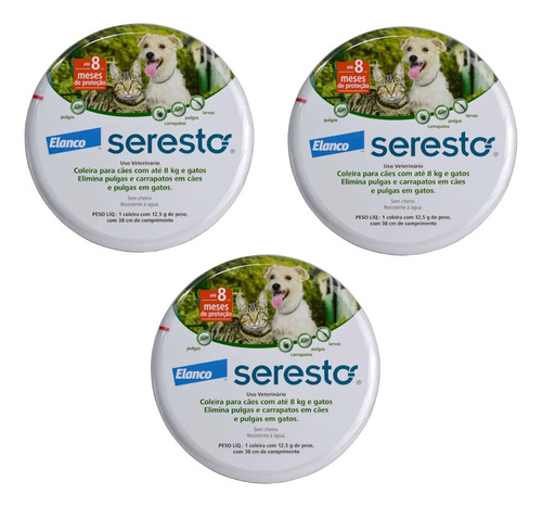 Kit 3 Coleiras Anti Pulgas Carrapatos Seresto Até 8 Kg Bayer