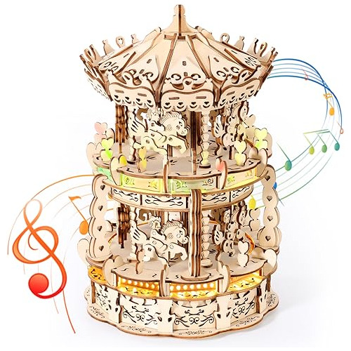 3d Wooden Puzzles For Adults Led Carousel Music Box - D...