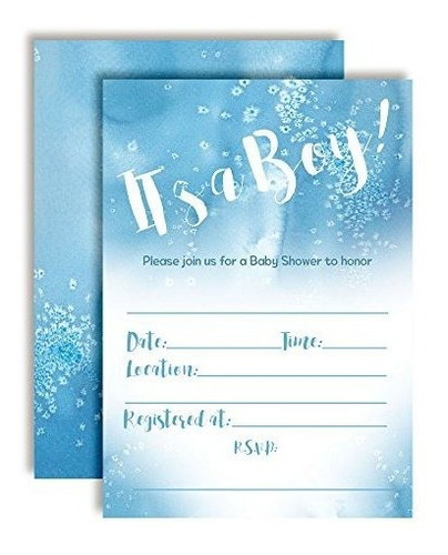 Invitaciones Acuarela Azul Para Baby Shower De Niño.