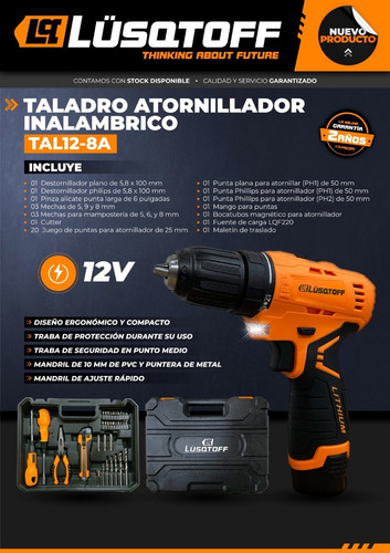 Imagen 5 de 10 de Taladro Atornillador Inalámbrico 12v Lusqtoff C/maletín+acce