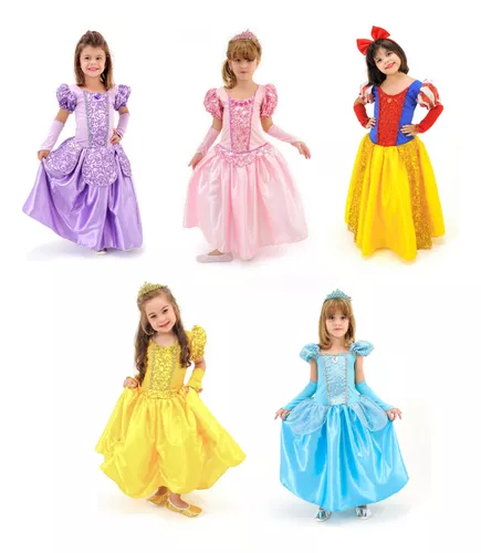 Vestido Fantasia Infantil Luxo Princesas Com Luva E Coroa