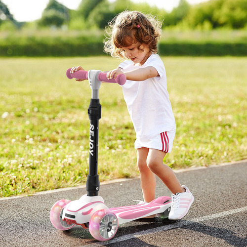 Sejoy BALBI-008 Scooter Juguete Patinete Plegable Con Asiento Ideal Patín Del Para Niños Con 3 Ruedas Y Luces LED Color Rosa
