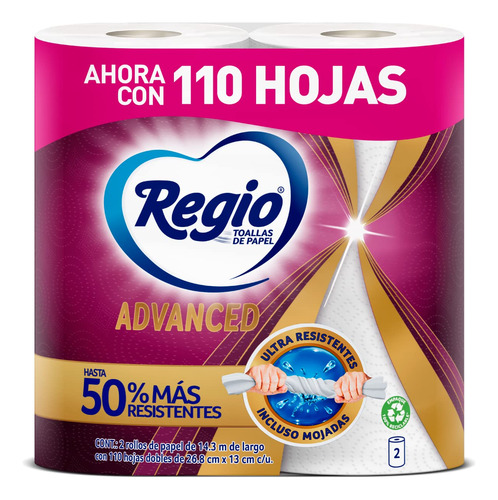 Regio Toallas De Cocina Advanced, 2 Rollos, 110 Hojas Dobles