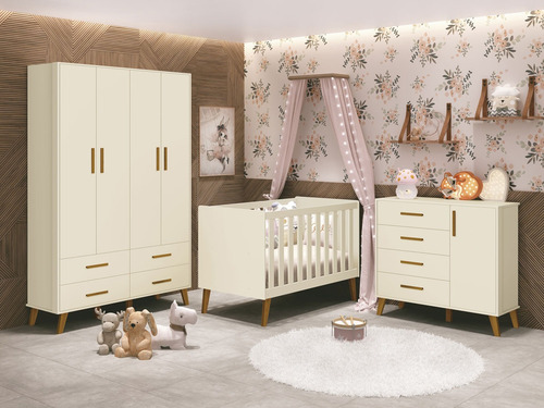 Cômoda Retrô Bebê 4 Gavetas Ayla Quarto Infantil - Reller Cor Areia Fosco