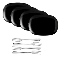 Comprar X4 Plato Postre Rectangular Vidrio 28cm + Tenedor Postre Color Negro Vidrio Templado