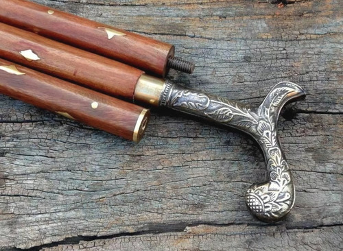 Bastón De Madera Con Mango De Latón Macizo Antiguo Nuevo