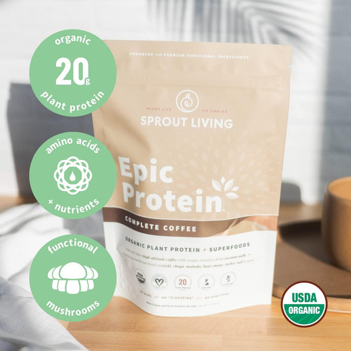 Sprout Living Epic Protein Coffee Mushroom, Vegana 494gr Sabor Café