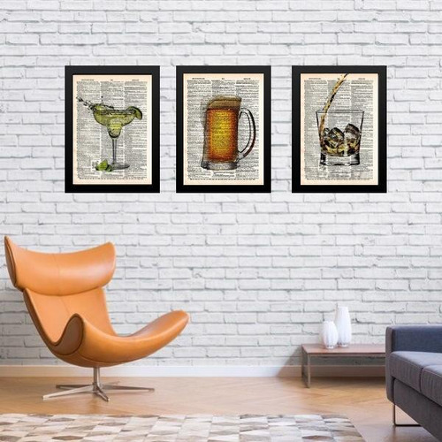 Kit 3 Quadros Vintage Bar Bebidas 33x24cm - Com Vidro