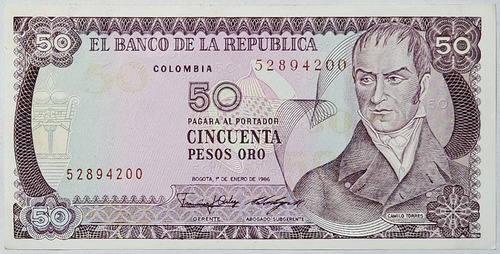 Billete 50 Pesos 01/ene/1986 Colombia Unc