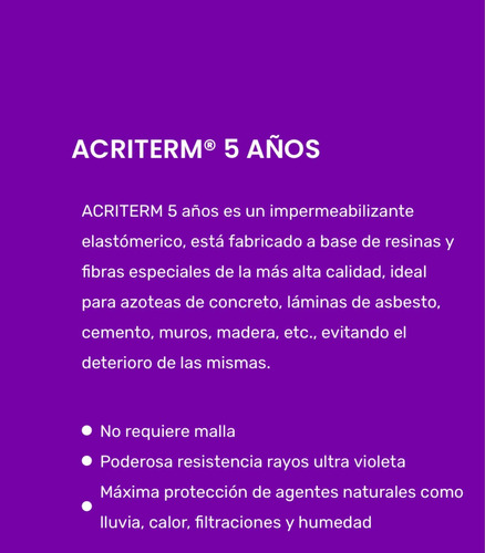 Imagen 2 de 8 de Acriterm, Impermeabilizante 5 Años, Cubeta 19l Blanco
