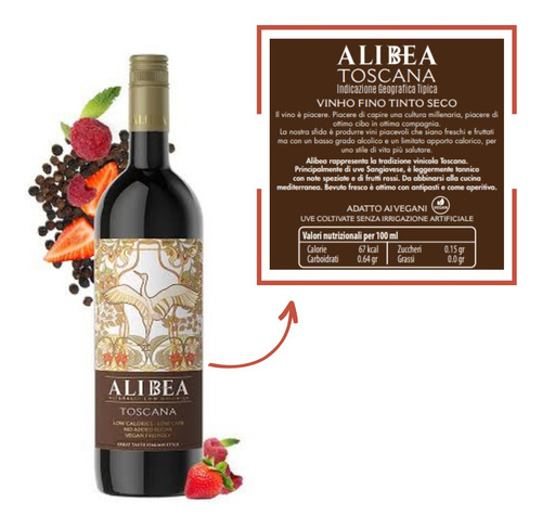 Vinho Tinto Seco Low Carb Sem Add Açúcar Alibea 750ml 12 Un.