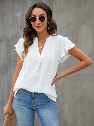 Blusa Para Mujer, Cuello En V, Mangas Con Volantes, Camisas
