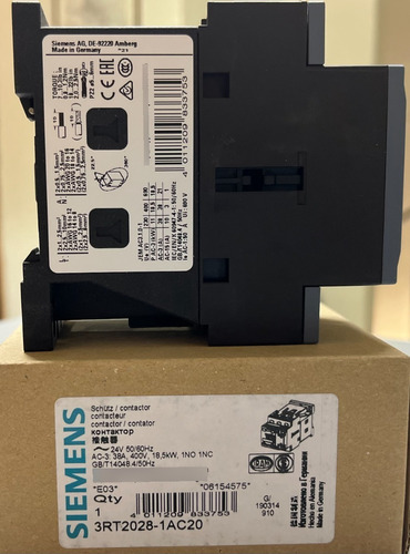 Contactor 3rt2028, 38a Ac-3, 18.5kw/400v Bobina 24vca S0 1na