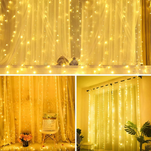 300 Led Luces De Cortina , 3Mx3M Impermeable Iluminación,uces De Cortina De Navidad Blanco Cálido Con Gancho, 8 Modos de Luces con Control Remoto, Cadena de Luces, Decoración para Dormitorio, Fiestas,