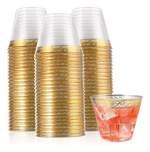 Tebery 100 Pack Vasos De Plástico Con Borde De Oro Vasos 9oz