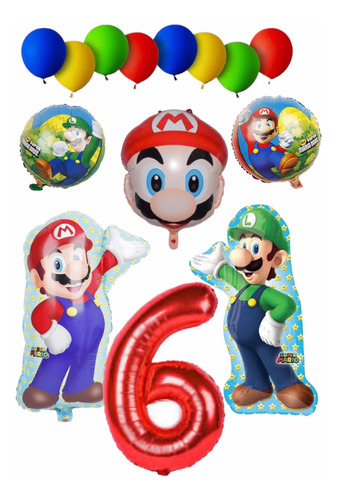 Kit De Globos 6 Piezas Mario Bross / Incluye Numero Gigante 