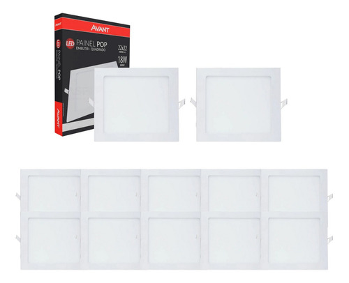 Kit 10 Plafon De Embutir 22x22 18w 6500k Luz Branca Quadrado Cor Branco 110V/220V