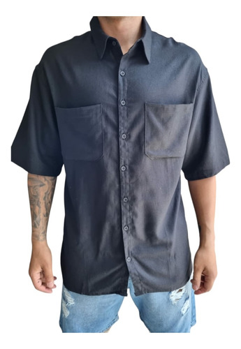 Camisa Hombre Farenheite Manga Corta Lino Negra