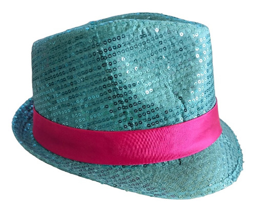 Sombrero Azul Celestw Con Lentejuela Y Liston Rosa 
