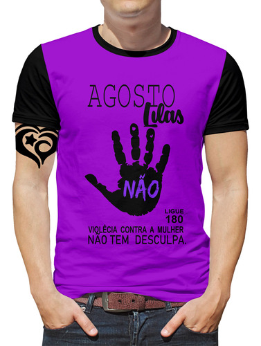 Camiseta Agosto Lilas Masculina Blusa Contra Violencia Mão