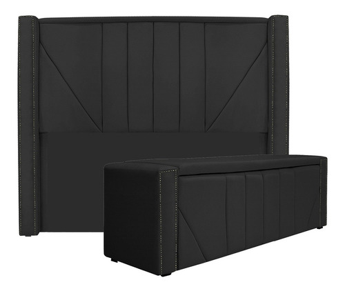 Kit Cabeceira E Calçadeira Baú Solt. Minsk P02 90 Cm Corano Cor Preto