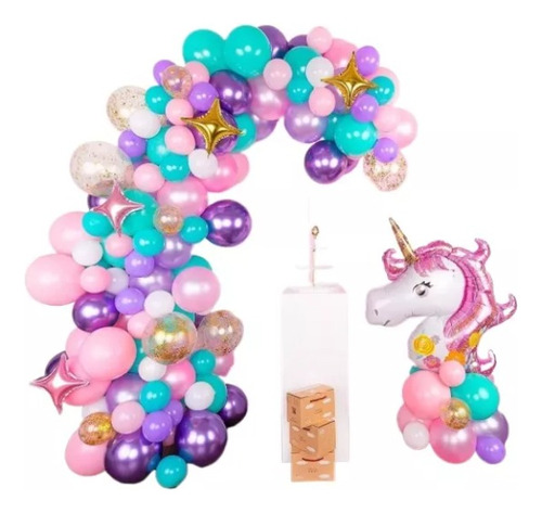 Kit Globos Rosado+base7globos+mantel+globo Unicornio