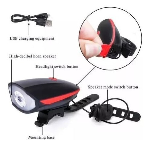Luz Linterna Blanca Con Pito Bicicleta Recargable 250 Lumens