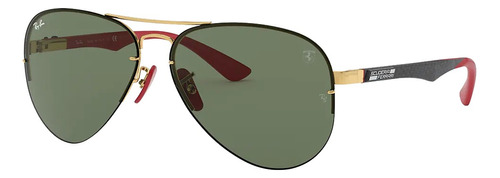 Anteojos de sol Ray-Ban Aviator Scuderia Ferrari Collection Standard con marco de metal color polished gold, lente green de plástico clásica, varilla gold/black/red de metal - RB3460M