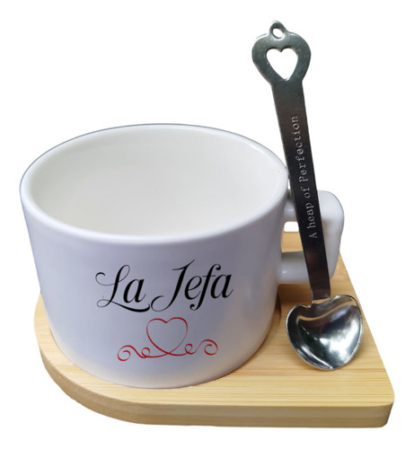 Taza De Té, Cuchara Y Base La Jefa (mamá) Personalizada Blanco La Jefa Corazón Rojo
