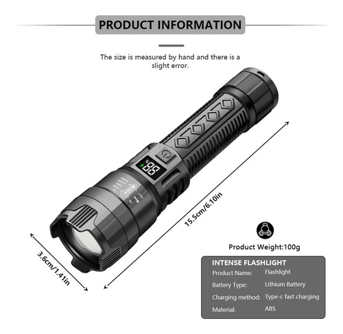 Linterna Led Con Zoom Telescópico Y Pantalla De Alimentación