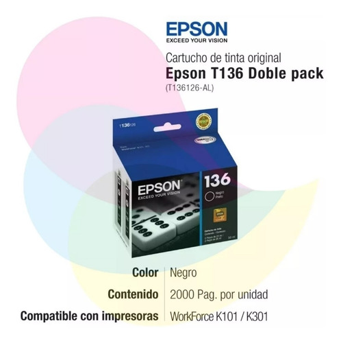 Imagen 2 de 6 de Cartucho Epson T136 Negro Workforce K101 / K301 Original