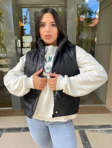 Chaleco Engomado Puffer Mujer Ecocuero Con Boton Cierre