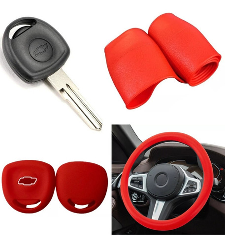Cubre Volante + Funda Llave Silicona Chevrolet Corsa - Rojo